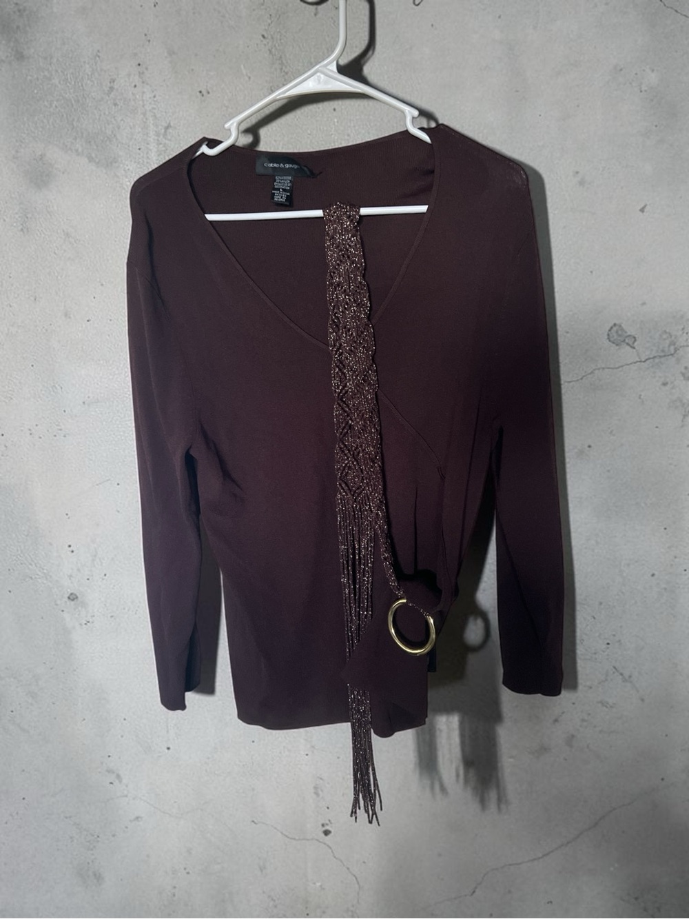Long-Sleeve Brown Wrap Top with Braided Fringe Belt